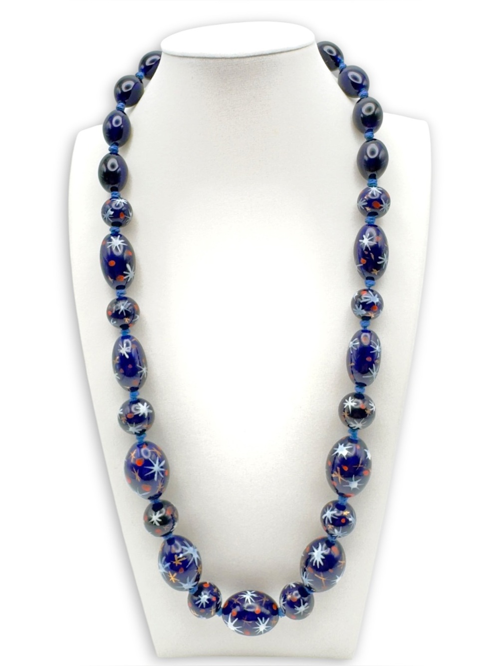Vintage Hand Painted & Knotted Porcelain or Art Glass Bead Necklace